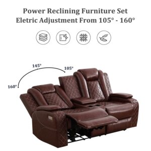 GEBADOL Power Reclining Sofa Set, Living Room Furniture Set with USB Ports, Leather Recliner Couches Set for Living Room/Apartment/Office/Home Theather (Burgundy, Sofa)