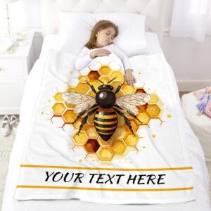 CUSPILO Bee Blanket with Name, Personalized Throw Blanket for Kids Boys, Fuzzy Soft Blanket Microfiber, 40"" x 50""