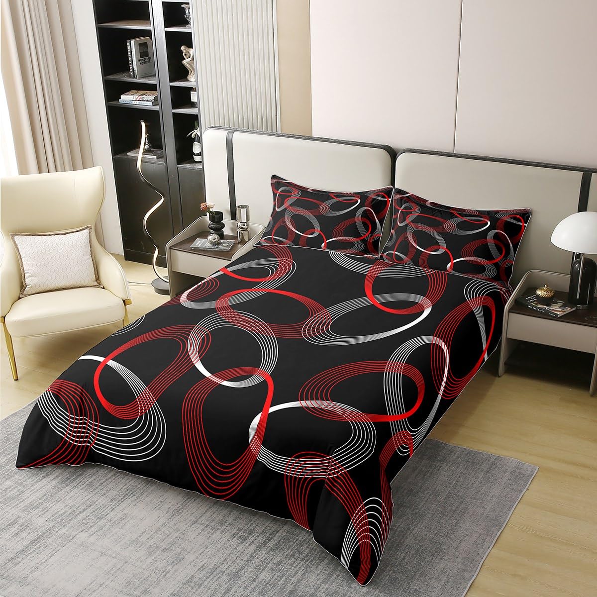 Feelyou Retro Circle Geometry Bedding Set King Red White Circle Comforter Cover for Boys Girls Circle Duvet Cover 100% Cotoon Stripe Line Art Bedspread Cover Decorative 3Pcs with 2 Pillow Case