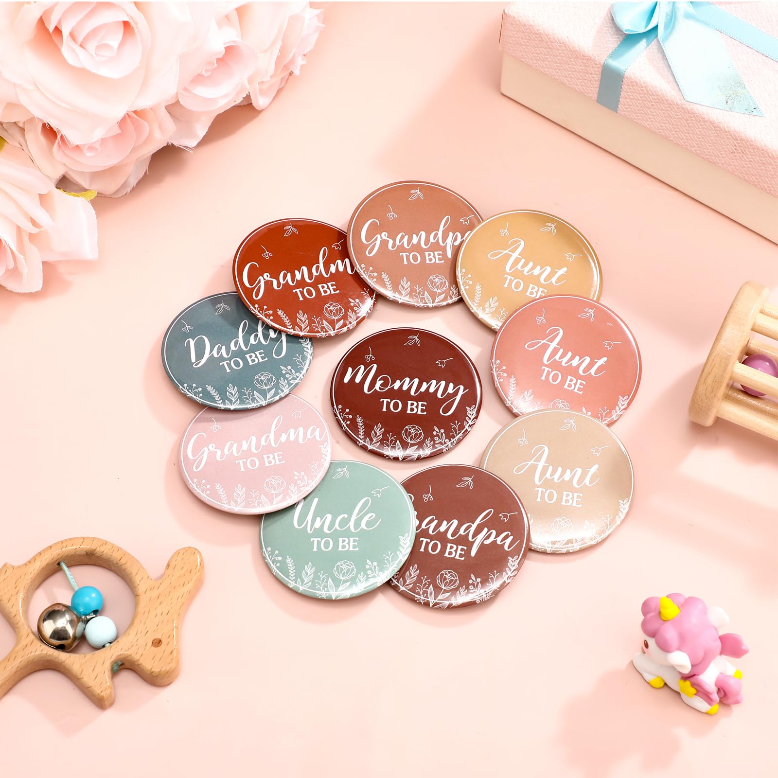 Loetere 10 Pcs Baby Shower Pin Back Buttons Mommy Daddy Aunt Uncle Grandma Grandpa to Be Baby Shower Party Favors Badge Gift, 2.2 Inch (Boho Rainbow)