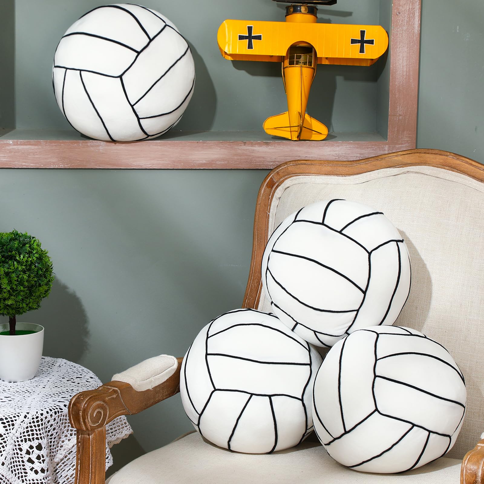 Gerrii 4 Pcs Volleyball Pillow 3D Sports Ball Pillow Fluffy Plush Stuffed Throw Pillow Sport Theme Cushion Volleyball Party Favors Plush Stuffed Pillow Gifts for Room Decor