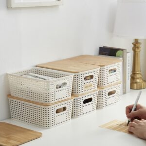 Bagnizer Small Plastic Storage Bins with Bamboo Lids 5.2qt Stackable Box Basket Pantry Decorative Containers Cute with Lable for Organizing Desktop Closet Office Cream White of 6 packs 10*7.2*4.1'’