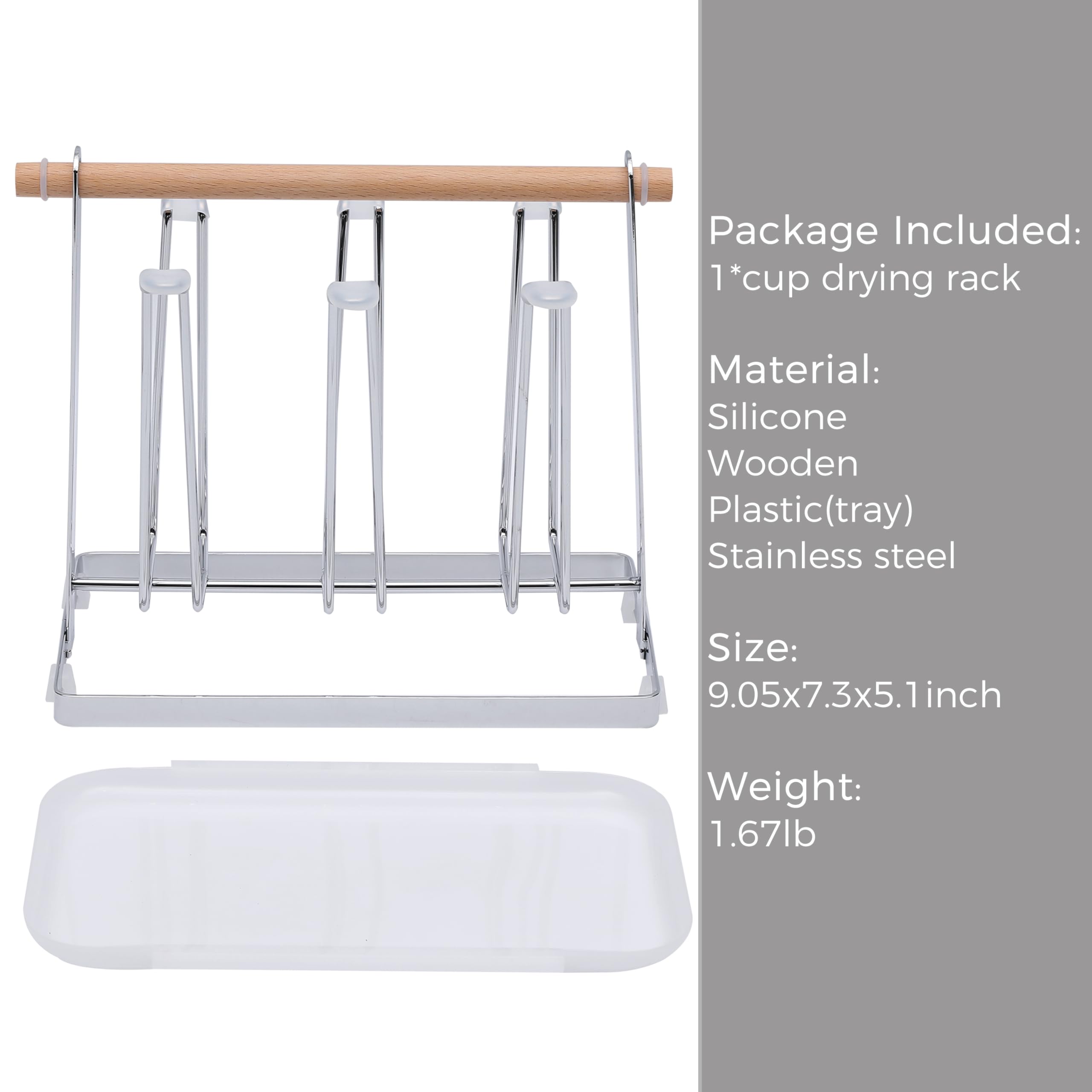 POCHOIO Cup Drying Rack for Countertop,Stainless Steel Bottle and Mug Drying Rack with Wooden Handle-Countertop Organizer for Mugs, Glasses, and Bottles,Silver