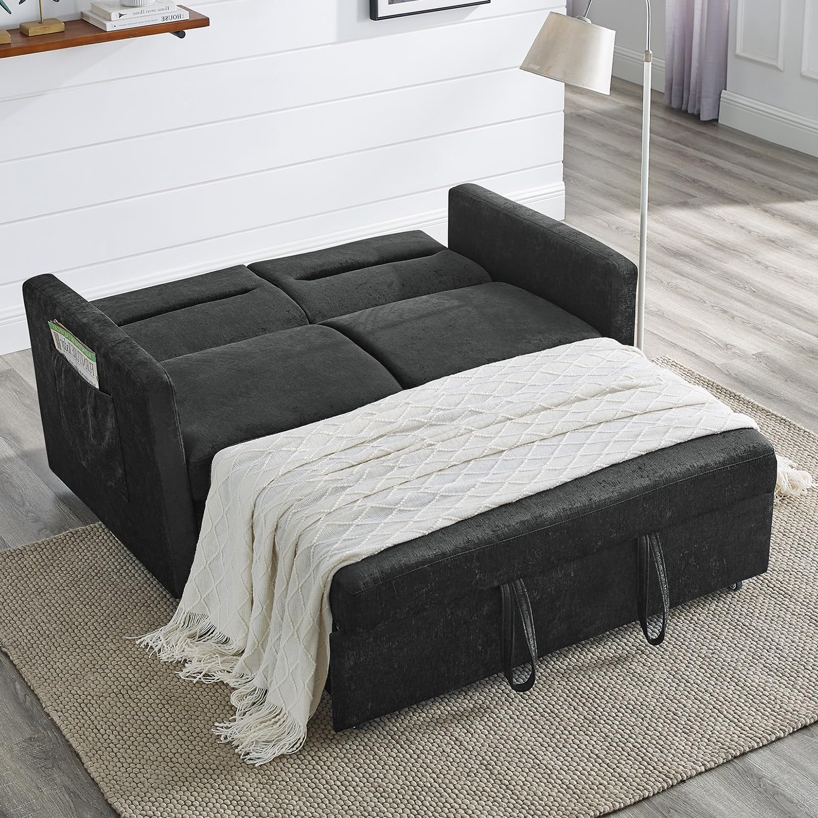 ROCKINGRUN 3 in 1 Sleeper Sofa Couch Bed, Chenille Tufted Pull Out Sofa Bed Convertible Loveseat Futon Sofa with Adjustable Backrest, Side Pocket and 2 Throw Pillows, for Living Room Bedroom (Black)