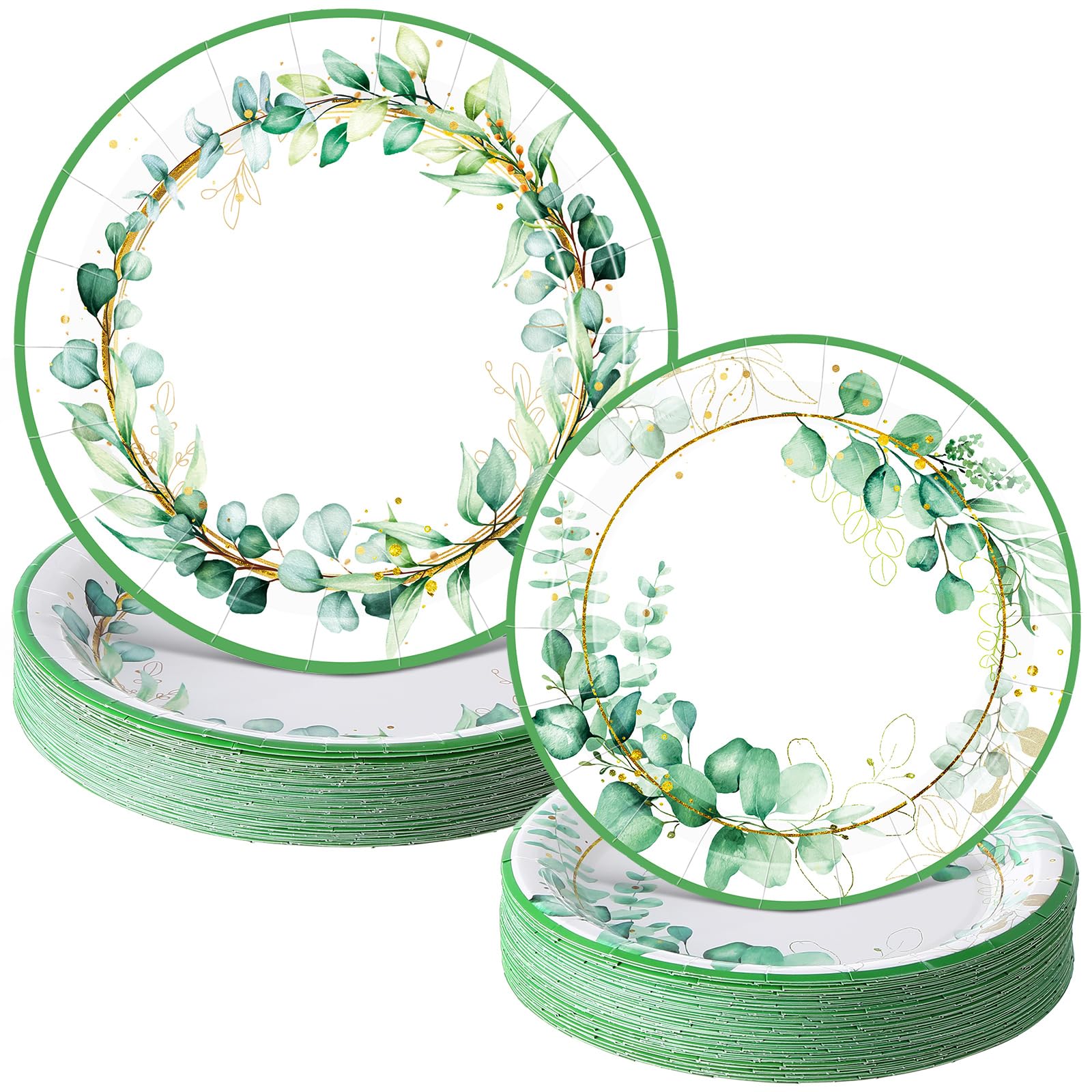 Mumufy 100 Pack Sage Green Paper Plates Eucalyptus Dinner Plates and Greenery Leaves Dessert Plates Spring Summer Decorative Tableware for Wedding Baby Shower Bridal Shower Birthday Party Supplies