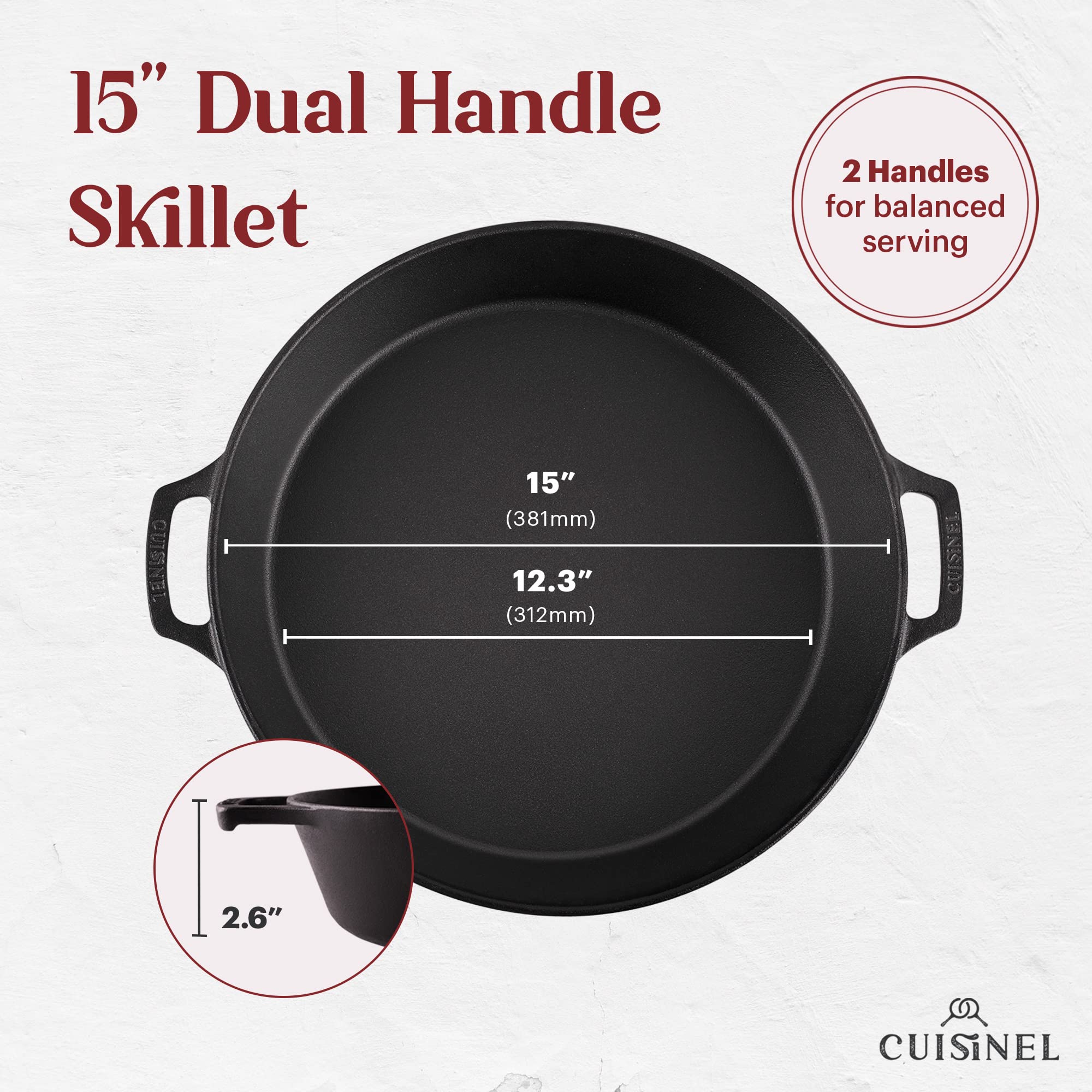 Cuisinel 15" Cast Iron Skillet Braiser + Chainmail Scrubber + Silicone Handle Grips - Dual Loop Handle Large Frying Pan with Cleaner - Indoor/Outdoor, Camping, BBQ Cookware