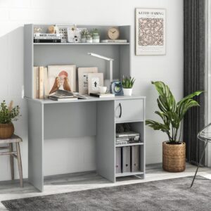 Tangkula Computer Desk with Hutch, Home Office Desk with Raised Display Shelf & 2 Open Shelves, Cabinet with Door, Cable Management Holes, Modern Laptop PC Desk, Study Writing Desk for Bedroom (Gray)