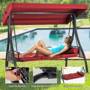 HOMREST 3 Seat Outdoor Porch Swing,Adjustable Canopy Porch Swings,Outdoor Swing with Stand, Patio Glider Chair with Thicken Cushions,Pillow & Cup Holder(Wine Red)