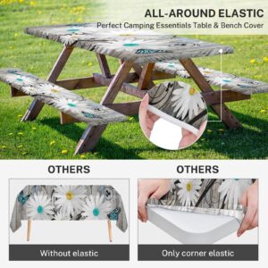 Nesphy Daisy Flowers Butterfly Picnic Table Cover with Bench Covers, Wooden Vintage Farmhouse Outdoor Camping Essentials 6FT 3PCS Fitted Rectangle RV Must Haves Tablecloth with Drawstring Bag