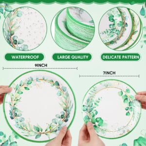 Mumufy 100 Pack Sage Green Paper Plates Eucalyptus Dinner Plates and Greenery Leaves Dessert Plates Spring Summer Decorative Tableware for Wedding Baby Shower Bridal Shower Birthday Party Supplies