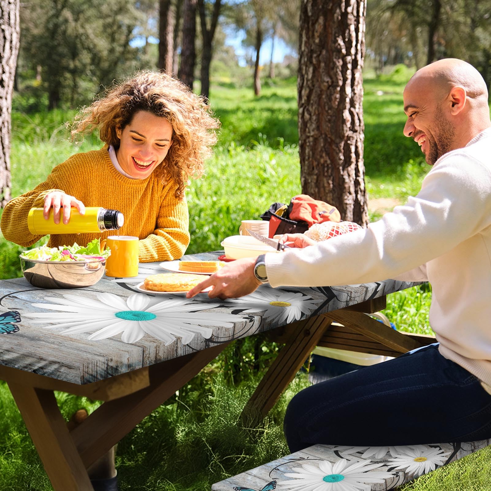 Nesphy Daisy Flowers Butterfly Picnic Table Cover with Bench Covers, Wooden Vintage Farmhouse Outdoor Camping Essentials 6FT 3PCS Fitted Rectangle RV Must Haves Tablecloth with Drawstring Bag