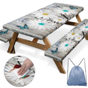 nesphy daisy flowers butterfly picnic table cover with bench covers, wooden vintage farmhouse outdoor camping essentials 6ft 3pcs fitted rectangle rv must haves tablecloth with drawstring bag