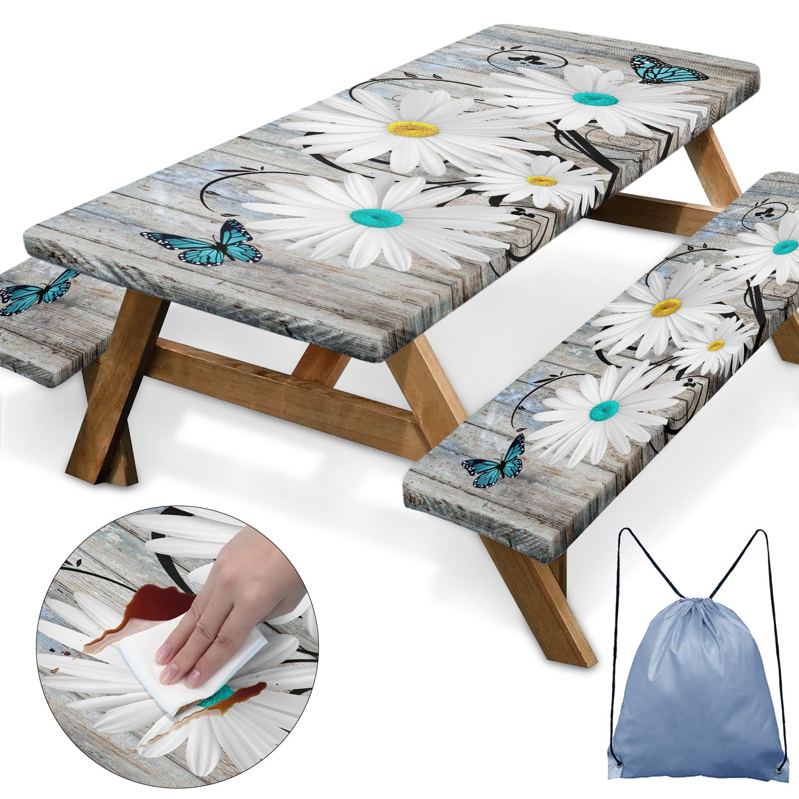 Nesphy Daisy Flowers Butterfly Picnic Table Cover with Bench Covers, Wooden Vintage Farmhouse Outdoor Camping Essentials 6FT 3PCS Fitted Rectangle RV Must Haves Tablecloth with Drawstring Bag