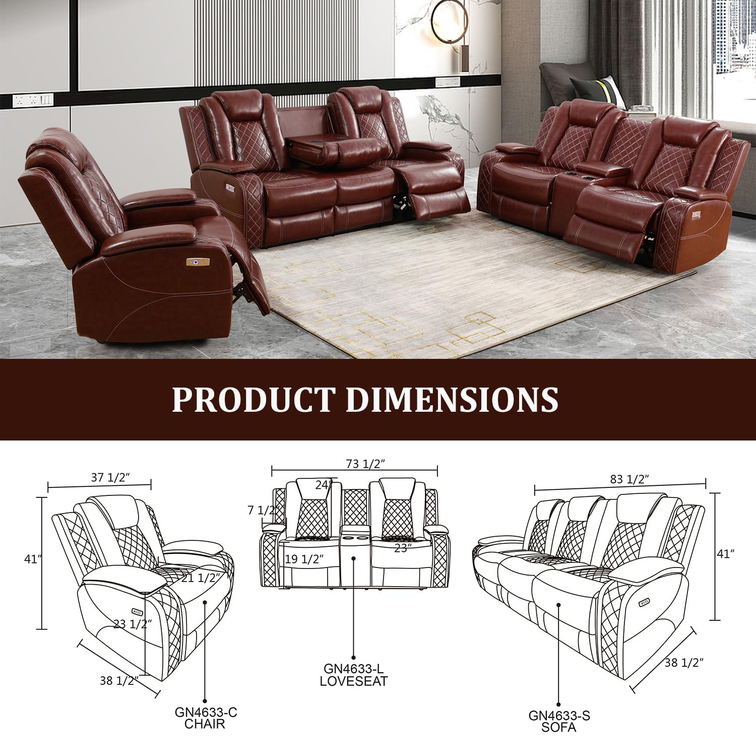 GEBADOL Power Reclining Sofa Set, Living Room Furniture Set with USB Ports, Leather Recliner Couches Set for Living Room/Apartment/Office/Home Theather (Burgundy, Sofa)