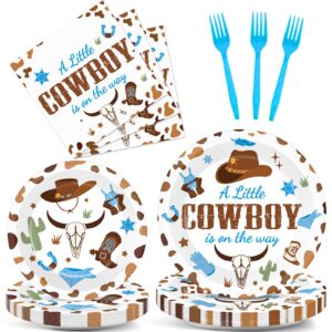 gisgfim 96pcs cowboy baby shower plates and napkins party supplies western cowboy party birthday tableware set a little cowboy is on the way party decorations for boy baby shower serves 24