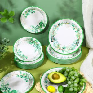 Mumufy 100 Pack Sage Green Paper Plates Eucalyptus Dinner Plates and Greenery Leaves Dessert Plates Spring Summer Decorative Tableware for Wedding Baby Shower Bridal Shower Birthday Party Supplies