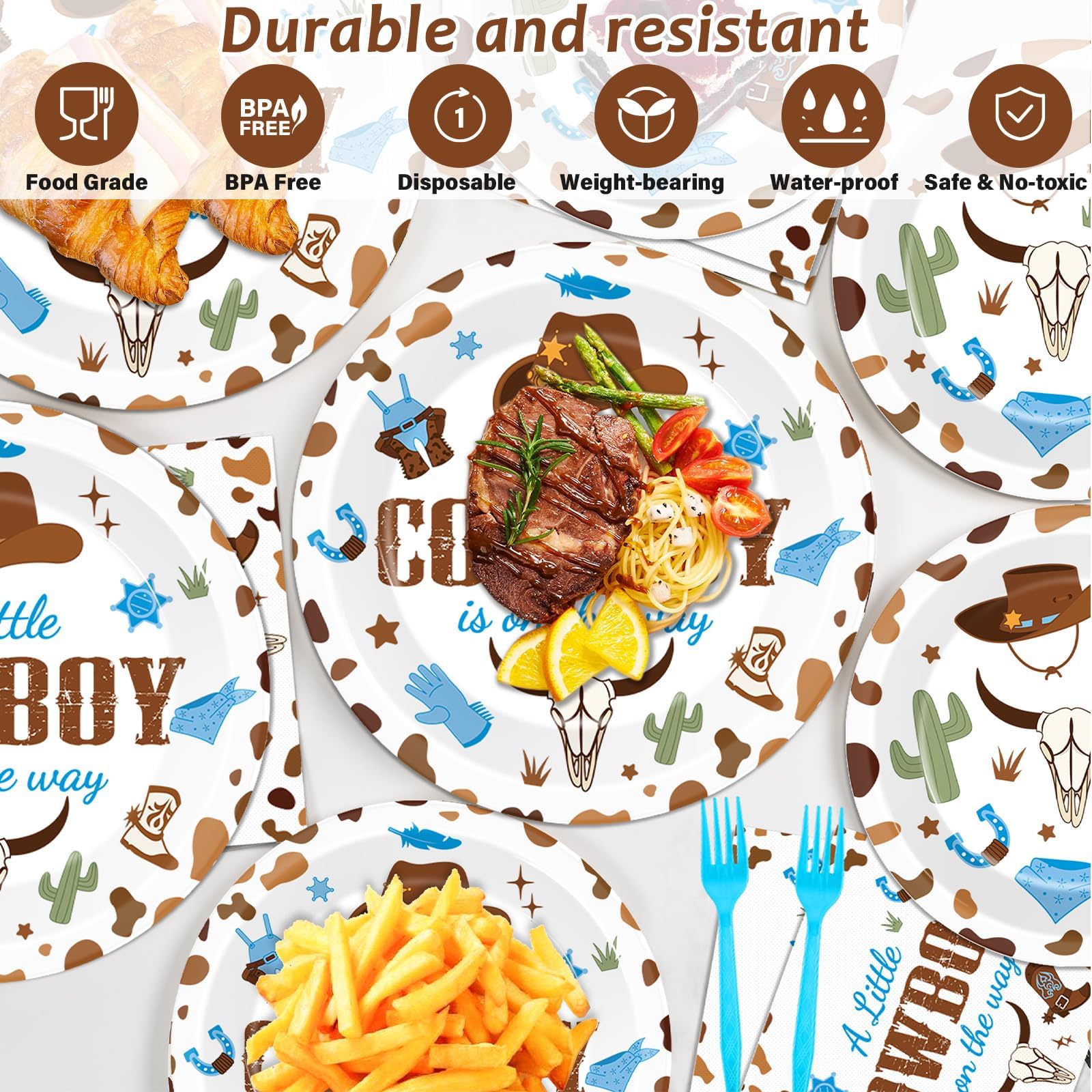 gisgfim 96Pcs Cowboy Baby Shower Plates and Napkins Party Supplies Western Cowboy Party Birthday Tableware Set A Little Cowboy is on the Way Party Decorations for Boy Baby Shower Serves 24