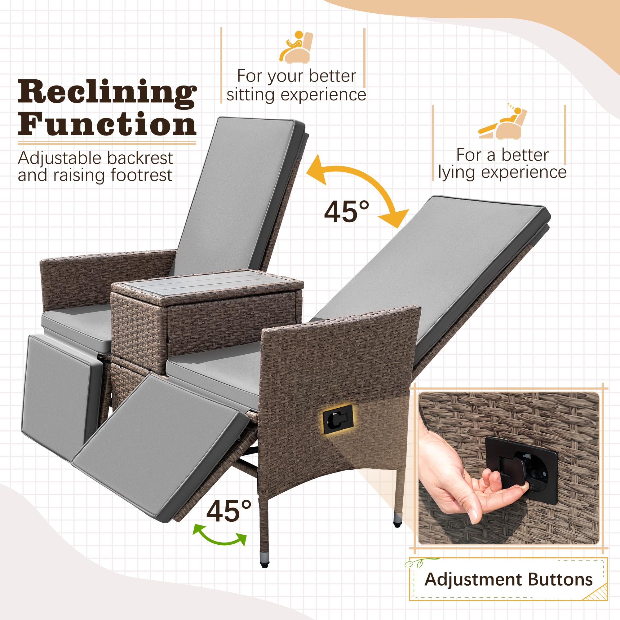 Greesum Patio Recliner All-Weather Wicker Double Lounge Chair Built-in Storage Side Table, Gray