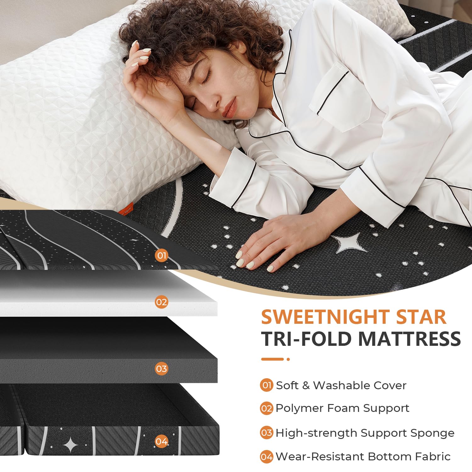 Sweetnight Tri-fold Mattress - 4 Inch Dual-layer Foam Folding Mattress | Removable & Washable 500G Superfine Fiber Cover | Suitable for Camping, RV & Home Use （Twin）