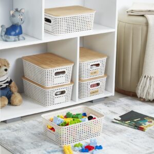 Bagnizer Small Plastic Storage Bins with Bamboo Lids 5.2qt Stackable Box Basket Pantry Decorative Containers Cute with Lable for Organizing Desktop Closet Office Cream White of 6 packs 10*7.2*4.1'’