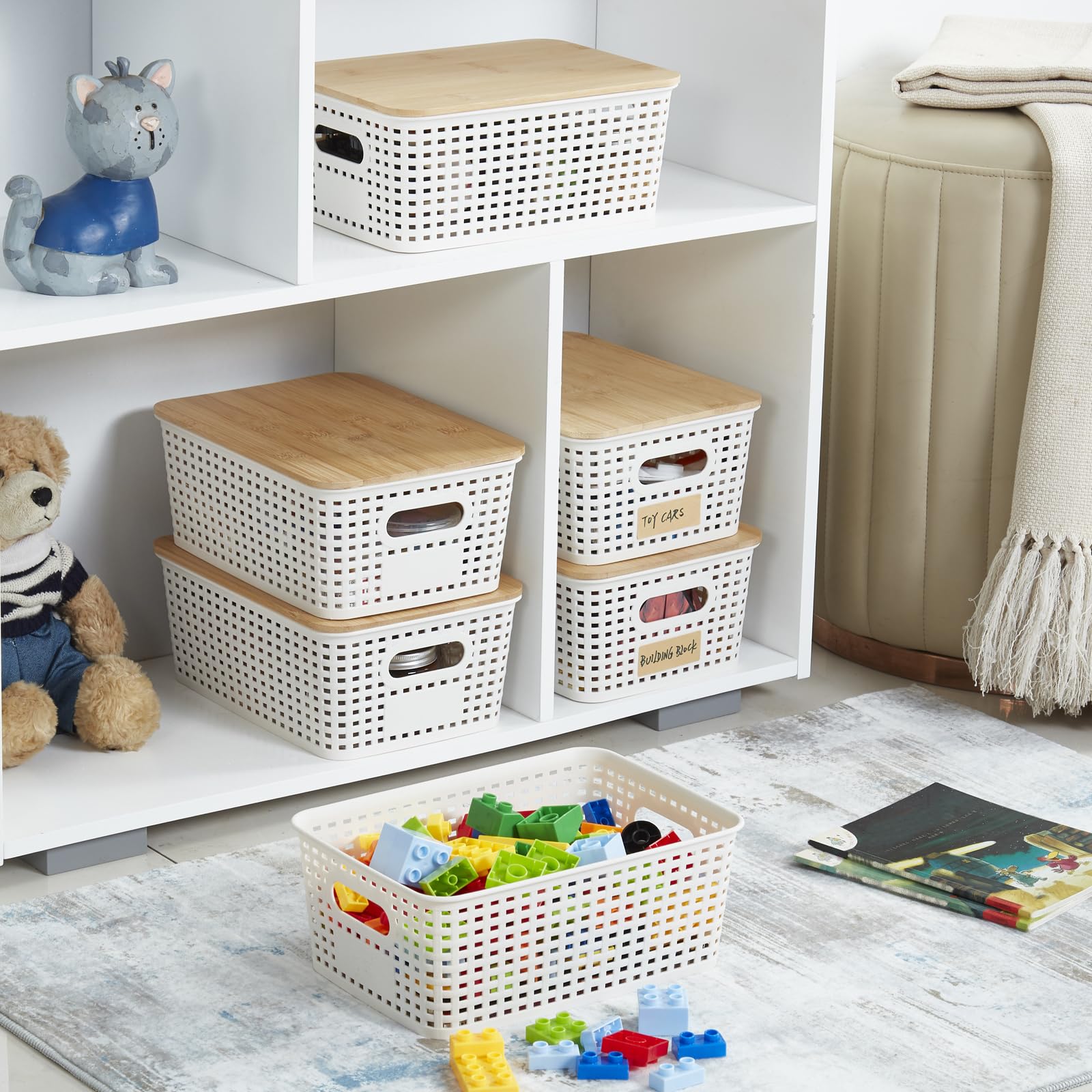 Bagnizer Small Plastic Storage Bins with Bamboo Lids 5.2qt Stackable Box Basket Pantry Decorative Containers Cute with Lable for Organizing Desktop Closet Office Cream White of 6 packs 10*7.2*4.1'’