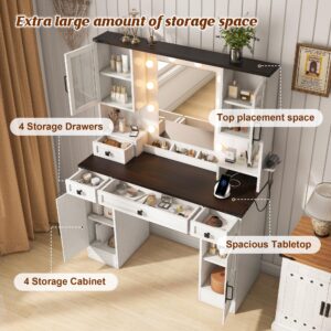 Farmhouse Makeup Vanity with Mirror and Lights,43" Wide Vanity Desk with Power Strip,Vanity Table with 4 Drawers and Cabinets,3 Color Modes & Adjustable Brightness, Makeup Table for Bedroom