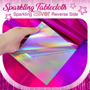 2 Pcs Hot Pink Iridescent Plastic Tablecloths, Disposable Shiny 54" x 72" Laser Holographic Rectangle Table Cover, Foil Table Cloth for Party Decoration, Birthday, Bachelorette, Bridal, Wedding