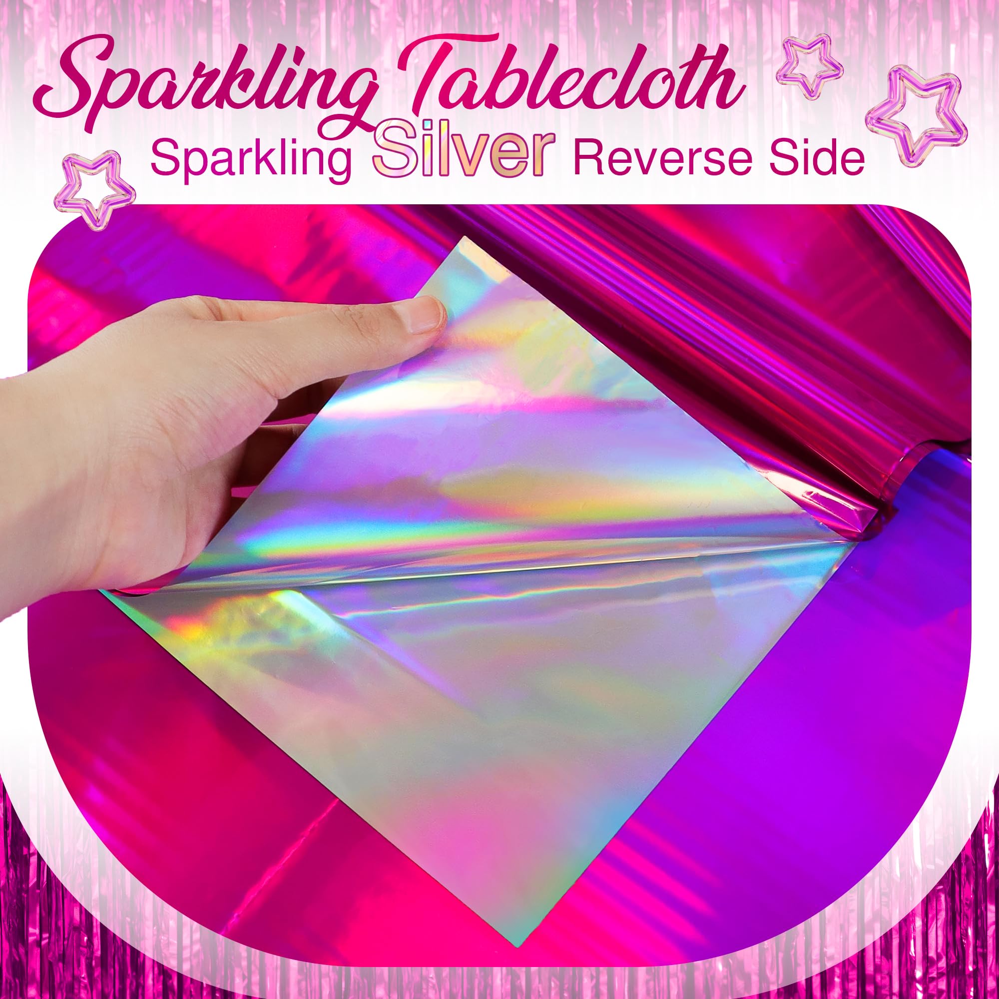 2 Pcs Hot Pink Iridescent Plastic Tablecloths, Disposable Shiny 54" x 72" Laser Holographic Rectangle Table Cover, Foil Table Cloth for Party Decoration, Birthday, Bachelorette, Bridal, Wedding