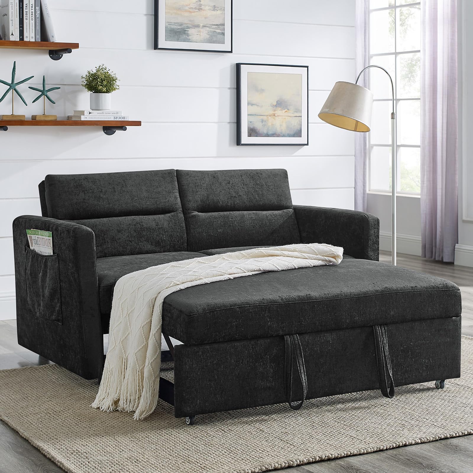 ROCKINGRUN 3 in 1 Sleeper Sofa Couch Bed, Chenille Tufted Pull Out Sofa Bed Convertible Loveseat Futon Sofa with Adjustable Backrest, Side Pocket and 2 Throw Pillows, for Living Room Bedroom (Black)