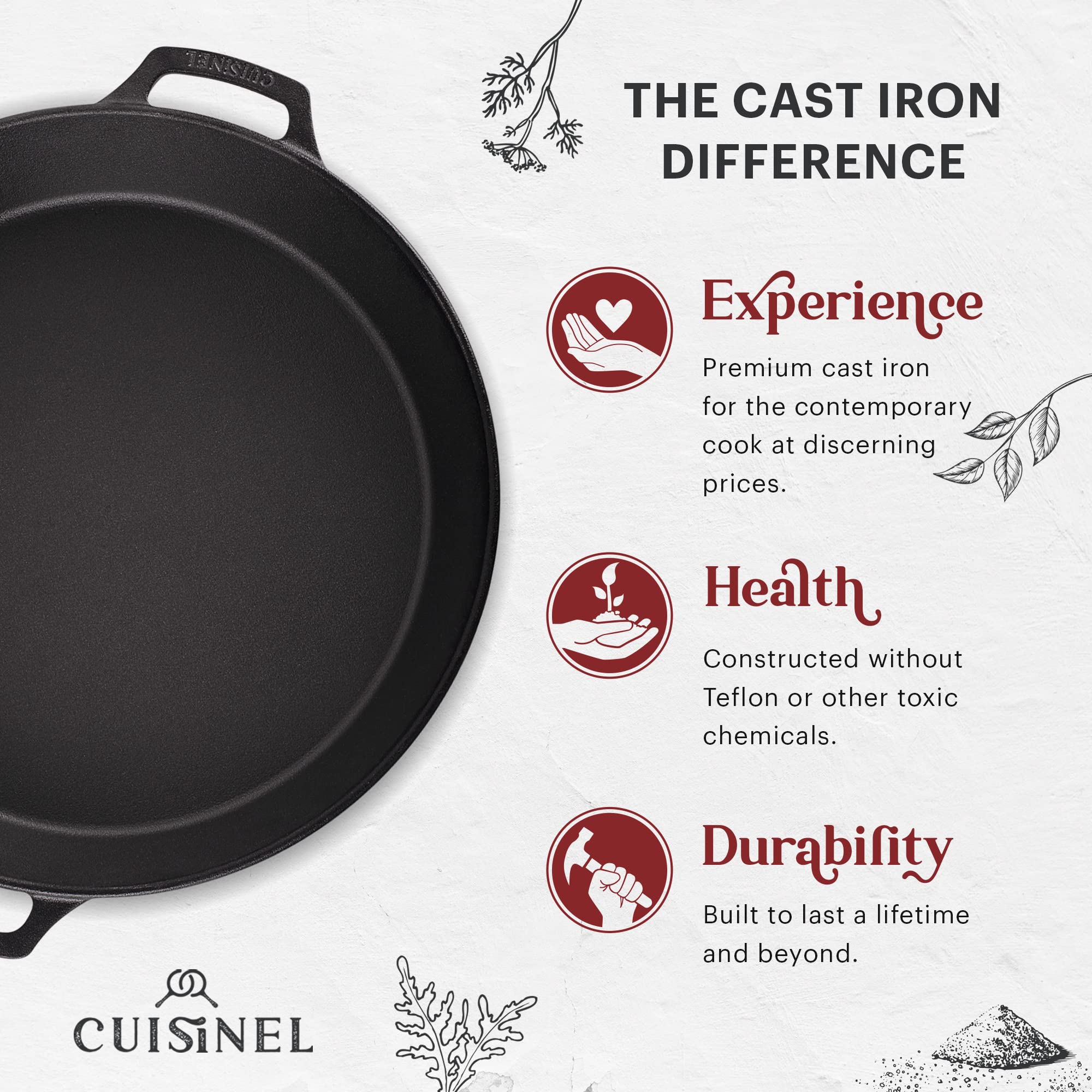 Cuisinel 15" Cast Iron Skillet Braiser + Chainmail Scrubber + Silicone Handle Grips - Dual Loop Handle Large Frying Pan with Cleaner - Indoor/Outdoor, Camping, BBQ Cookware