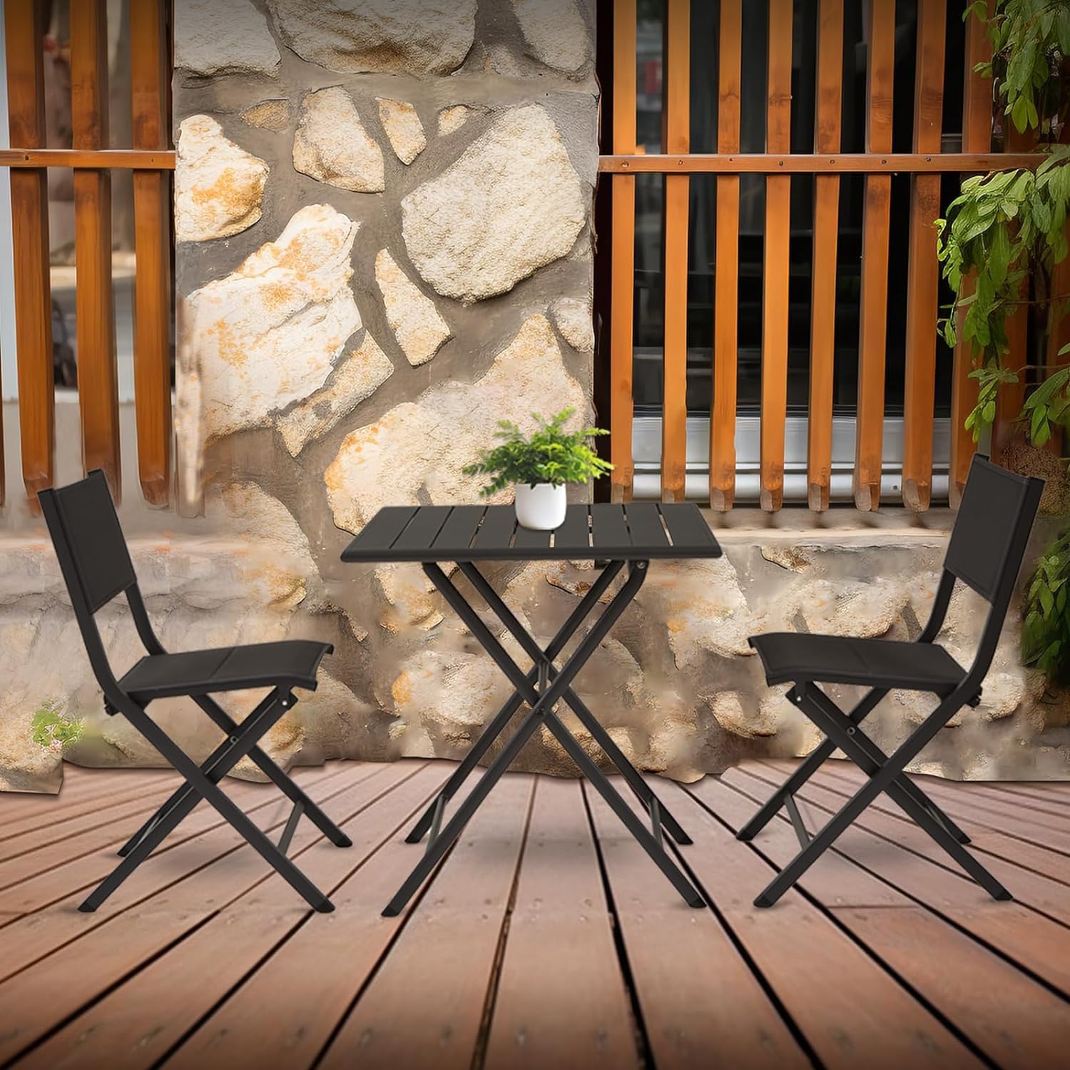 RICNOD Textilene Folable Patio Bistro Set, Padded Aluminum Rustproof Outdoor Seating Set with Table and 2 Chairs, for Porch, Garden, Backyard, Dark Grey