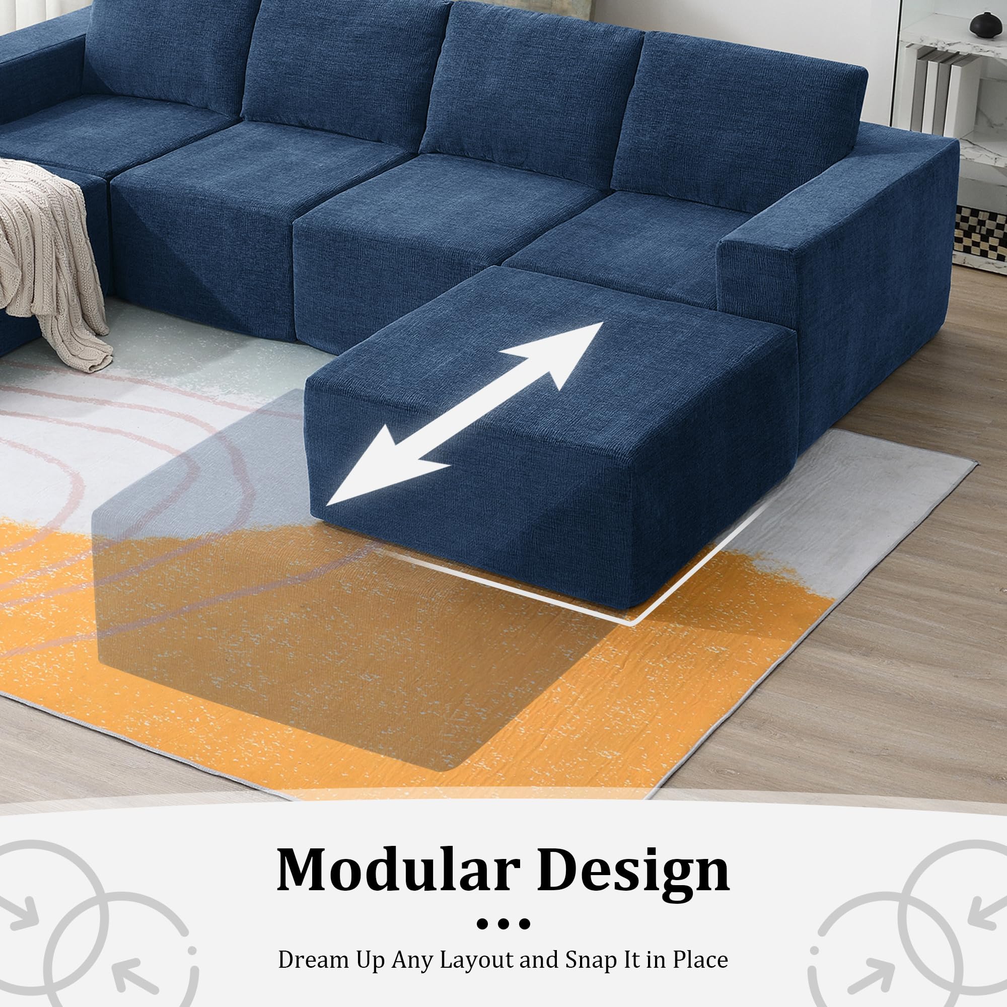 Minimalist Style Modular Sectional Sofa, Luxury Chenille Fabric Cloud Couch with Movable Ottoman, Sleeper Sofa Bed for Living Room, No Assembly Require-Blue