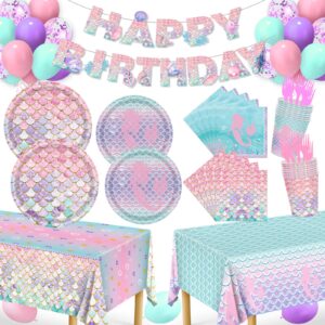 mermaid birthday decorations, 147pcs mermaid party supplies-serves 24 with mermaid plates and napkins tablecloth and birthday banner balloons for mermaid theme party decorations