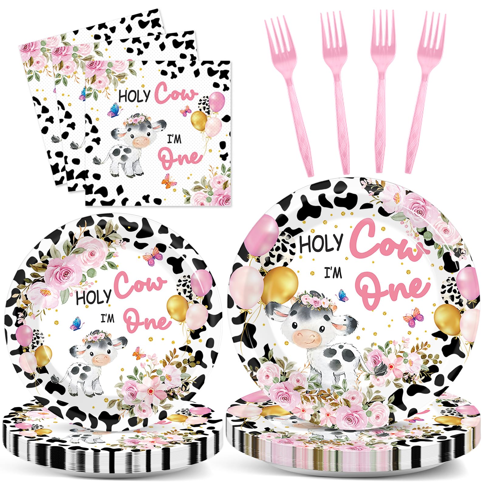 gisgfim 96Pcs Holy Cow I'm One Party Supplies Pink Cow Print Paper Plates Napkins Cow First Party Tableware Set Cow Floral Dinnerware for Girl 1st Birthday Party Table Dinner Decoration Serve 24