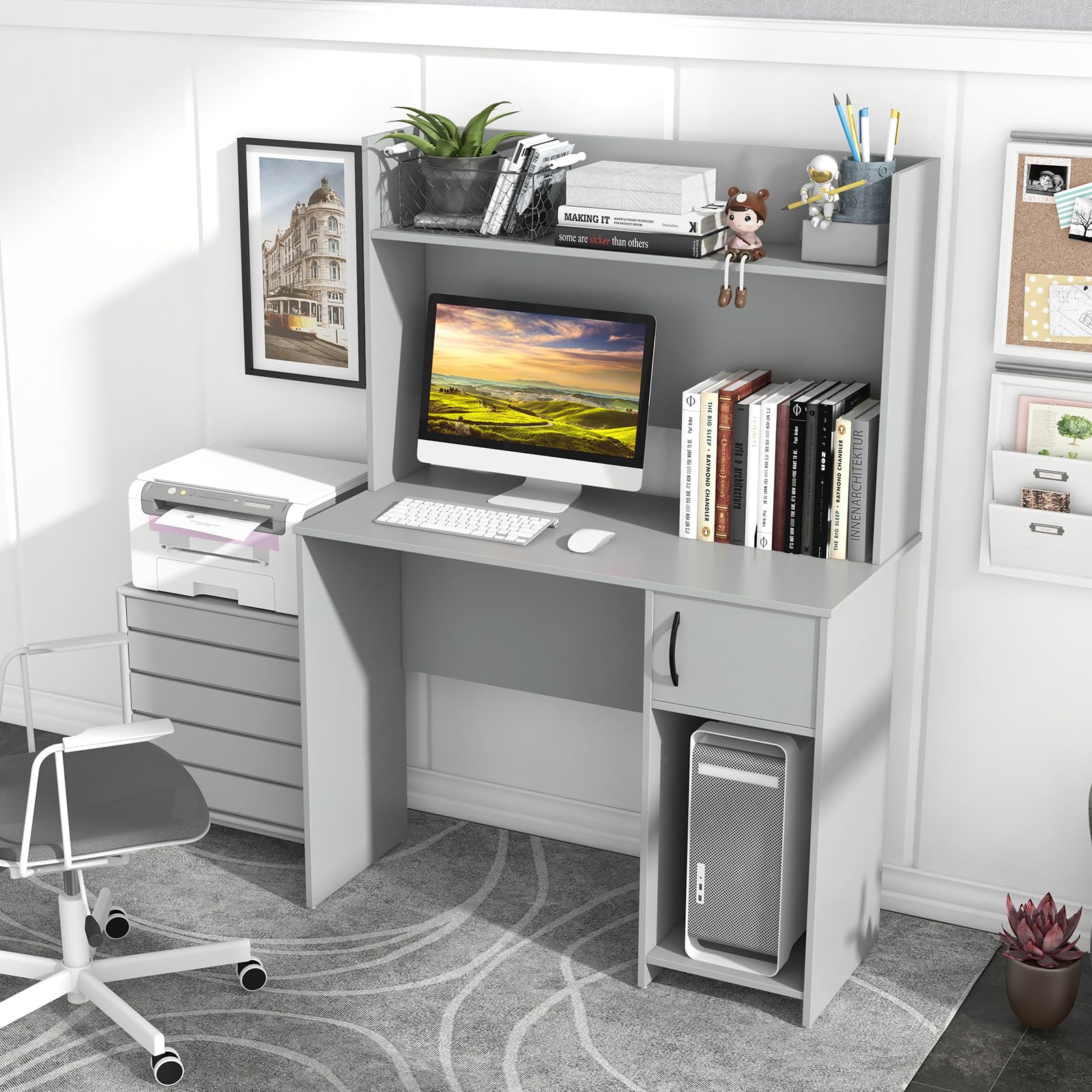 Tangkula Computer Desk with Hutch, Home Office Desk with Raised Display Shelf & 2 Open Shelves, Cabinet with Door, Cable Management Holes, Modern Laptop PC Desk, Study Writing Desk for Bedroom (Gray)