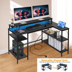 Panana L Shaped Gaming Desk with LED Lights & Power Outlets, Reversible Computer Desk with Stand & Shelves, Corner Desk Home Office Desk with USB Charging Port (Black)