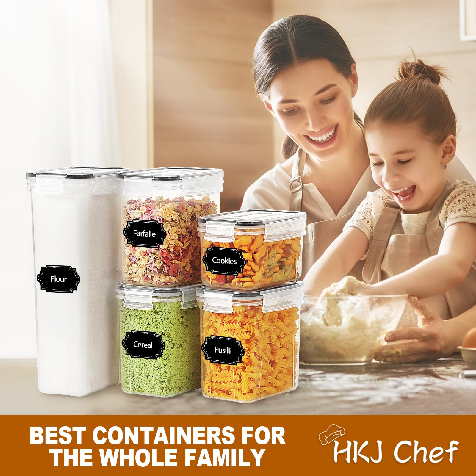 HKJ Chef 24 PCS Airtight Food Storage Containers with Lids, Plastic Kitchen and Pantry Organization Storage Containers for Flour, Sugar, Cereal and Dry Food Storage, BPA Free, 40 Labels & Marker