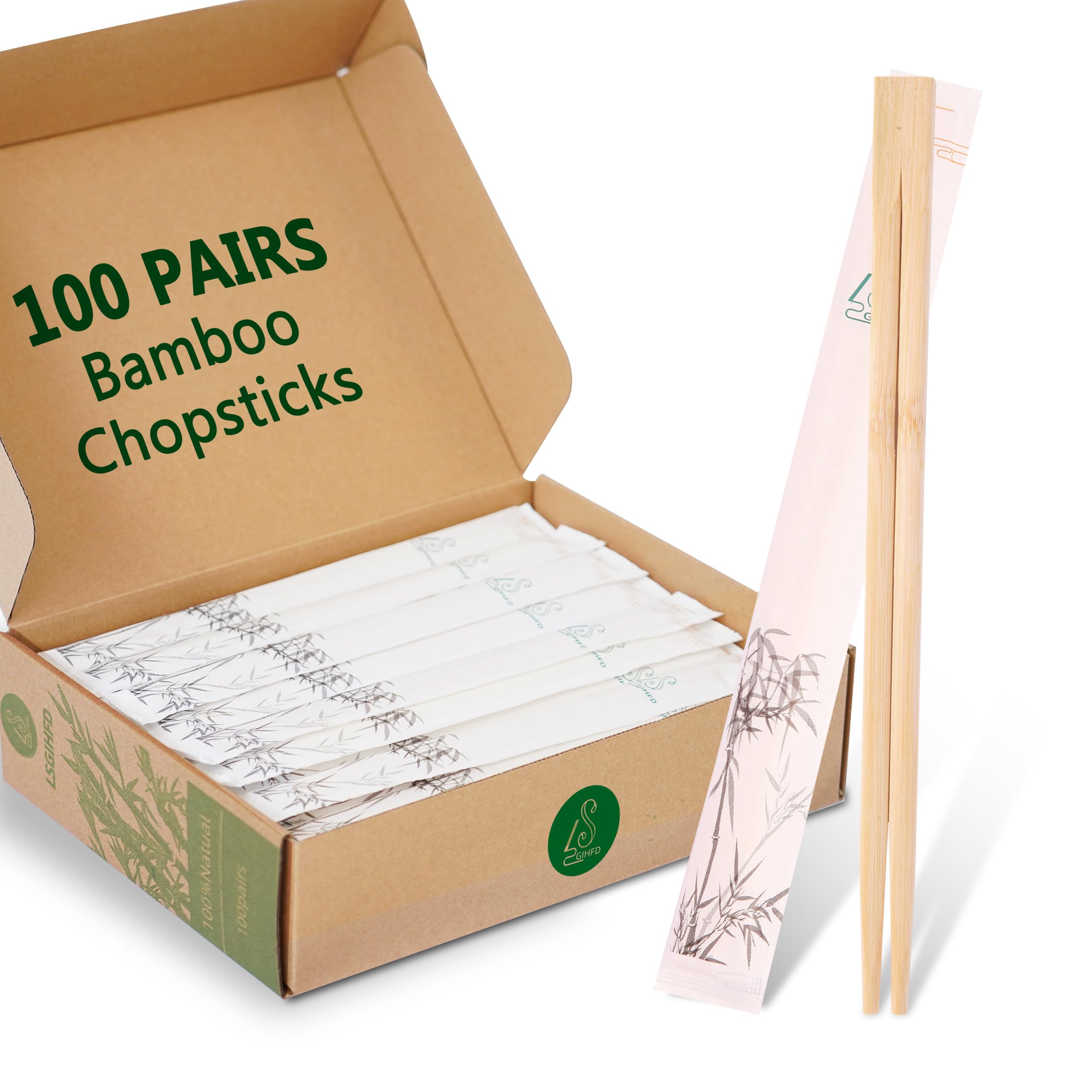 LSGIHFD Disposable Bamboo chopsticks (100PAIRS) Sturdy Smooth,Individually Wrapped Wooden Chopsticks Best for Korean Japanese Sushi & Asian Dishes,chopsticks surface smooth without debris.