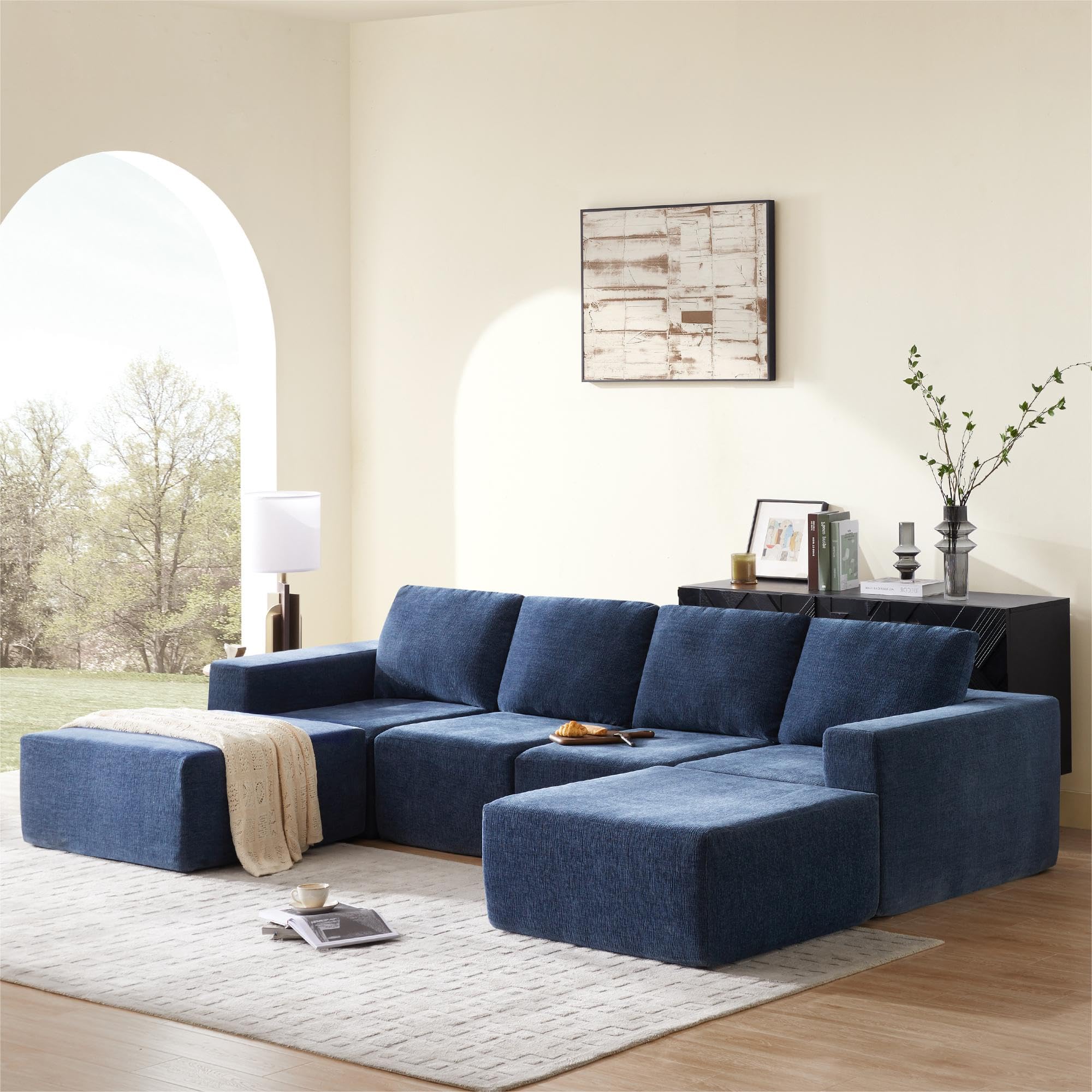 Minimalist Style Modular Sectional Sofa, Luxury Chenille Fabric Cloud Couch with Movable Ottoman, Sleeper Sofa Bed for Living Room, No Assembly Require-Blue