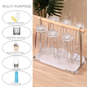 POCHOIO Cup Drying Rack for Countertop,Stainless Steel Bottle and Mug Drying Rack with Wooden Handle-Countertop Organizer for Mugs, Glasses, and Bottles,Silver