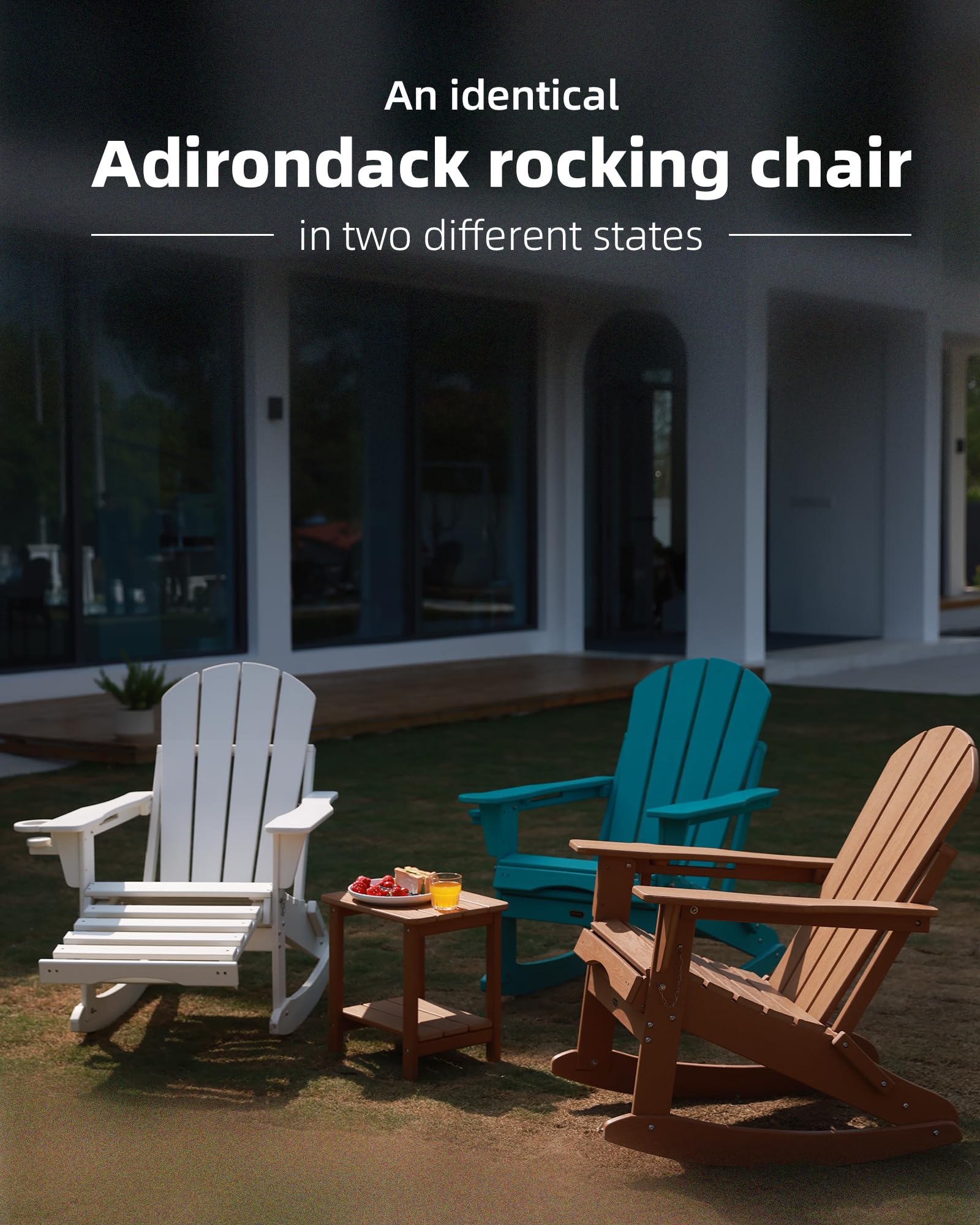 Serique Folding Adirondack Rocking Chair,4-in-1 Multifunctional Patio Chair with Retractable Ottoman, Outdoor Chair Wood Texture, Lawn Chair for Porch, Backyard, Pool(Grey)