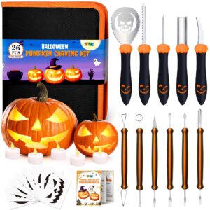 zizz pumpkin carving tools halloween: 26 pcs professional pumpkin carving kit set for adult kid stainless steel pumpkin sculpting tool with stencil & led light for halloween decoration jack-o-lantern