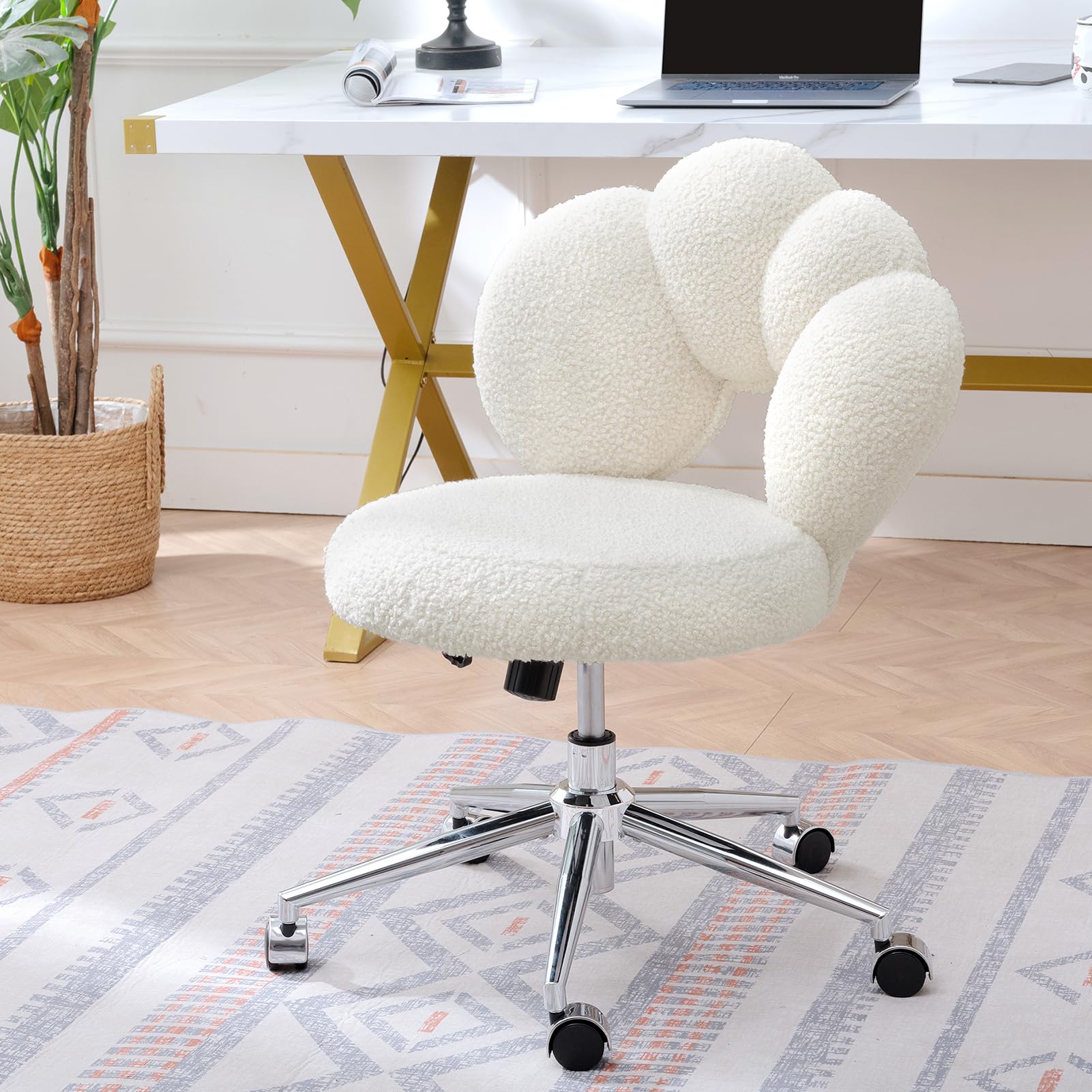 Home Office Chair, Criss Cross Chair with Wheels, Cross Legged Office Chair Armless Desk Chair with Height Adjustable, 360 Swivel Fabric Vanity Chair for Home, Office, Small Space, Bed Room, White