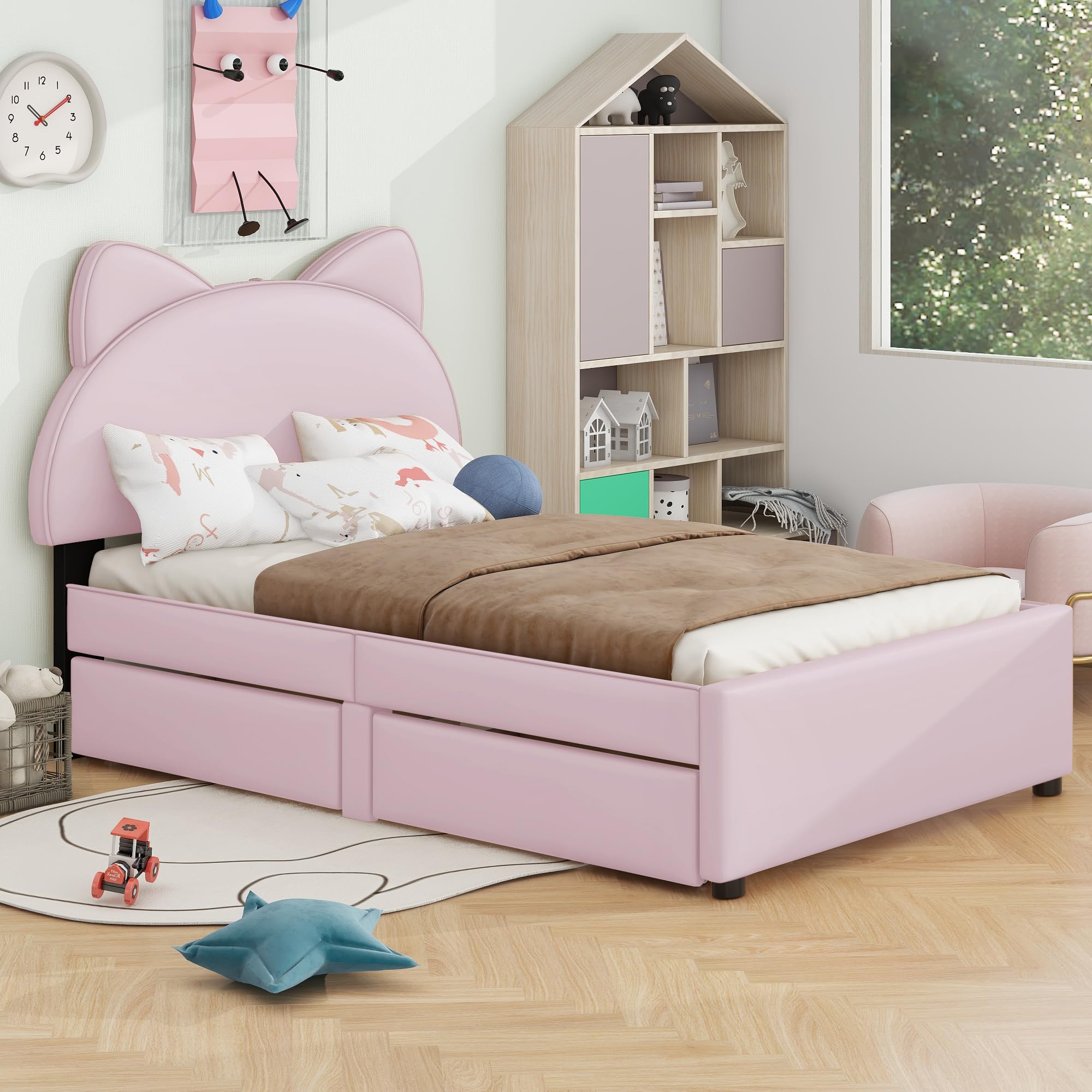 NCKMYB Twin Size Upholstered Bed for Kids, PU Leather Girl's Platform Bed with Cat Ears Shaped Headboard, Low Kids Bed Princess Bed for Girl Toodler Junior, Pink