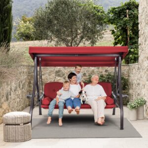 HOMREST 3 Seat Outdoor Porch Swing,Adjustable Canopy Porch Swings,Outdoor Swing with Stand, Patio Glider Chair with Thicken Cushions,Pillow & Cup Holder(Wine Red)