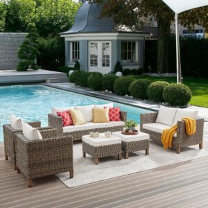 6 pieces patio furniture sets all weather wicker rattan sectional sofa outdoor furniture conversation set for porch, poolside, garden, backyard. (beige)