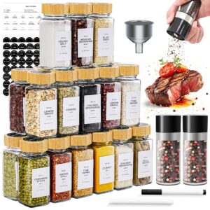 miuyhji spice jars with label, 26 pcs seasoning containers, glass spice jars 4 oz with labels, spice containers with bamboo lids, salt and pepper grinder set and metal funnel for seasoning organizer