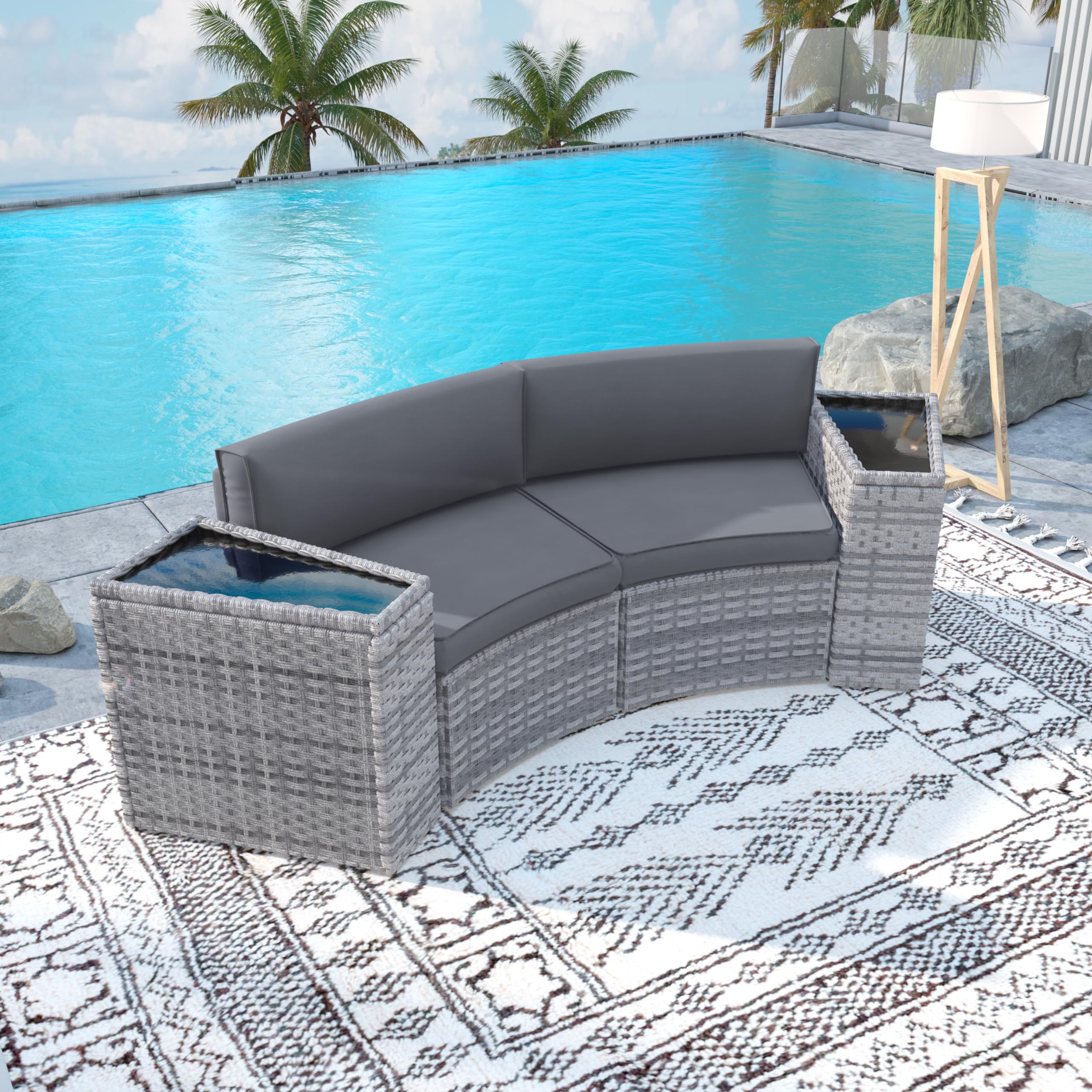 VONZOY Patio Sectional Furniture Outdoor 4-Piece Grey Rattan Curved Sofa Set with Storage Table(Grey)