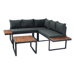 EOVTK 4-Piece Outdoor Wood Conversation Set, L-Shaped Sectional Sofa with Built-in Side Table and Cushions, Steel Frame, All-Weather Patio Furniture for Backyard, Porch, Dark Gray