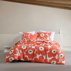 marimekko - duvet cover set, super soft organic bedding, casual home decor (unikko orange, queen)